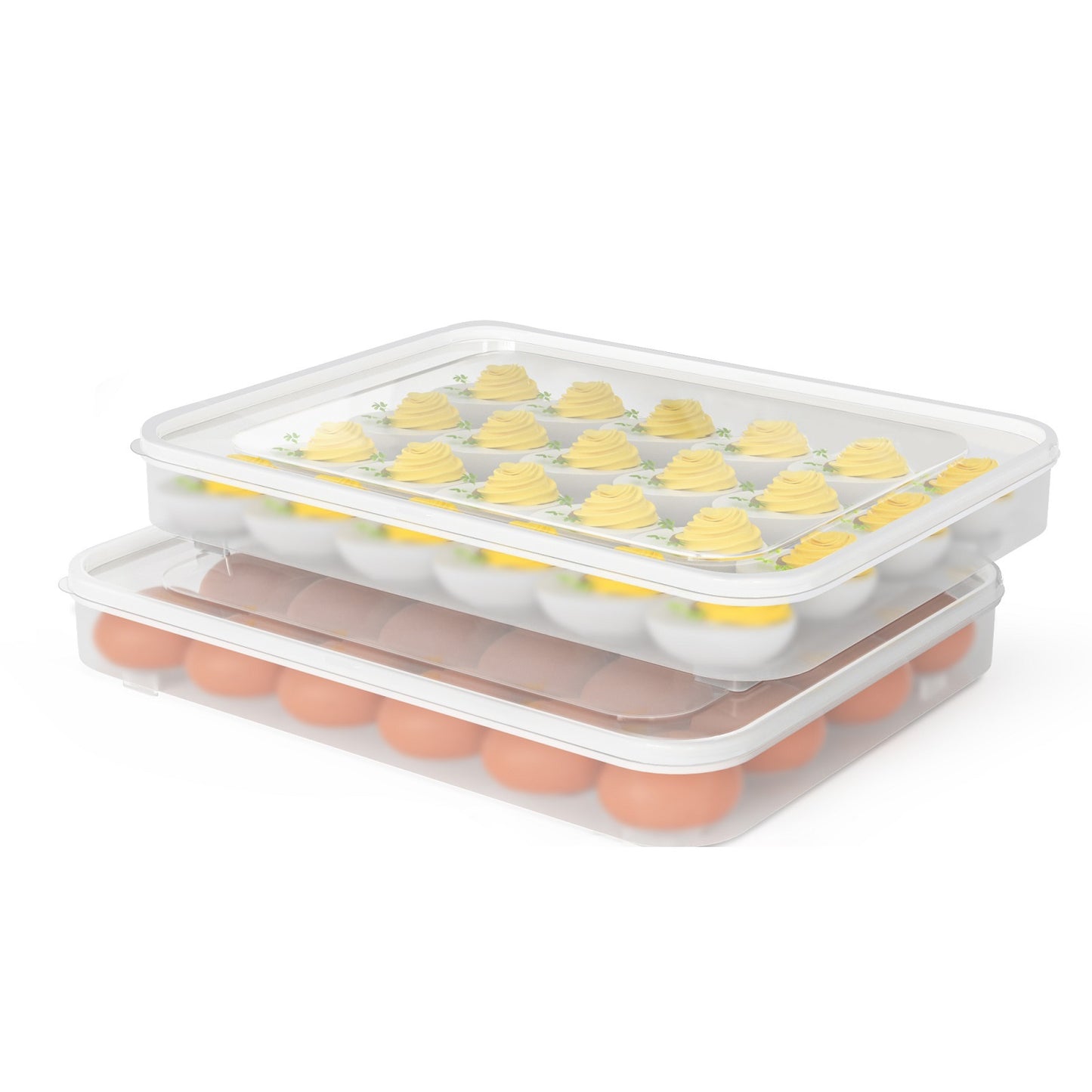 77L Deviled Egg Containers with Lid, (Set of 2), Plastic Egg Holder for Refrigerator for 48 Eggs, Clear Storage Deviled Egg Carrier Tray, Fridge Stackable Countertop Portable Egg Dispenser