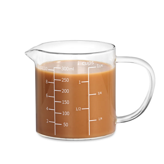 77L Glass Measuring Cup, Clear Liquid Measuring Cup with V-Shaped Spout and Three Scales, High Borosilicate Glass Beaker with Handle for Kitchen or Restaurant, 300 ML (0.3 Liter, 1 1/4 Cup)