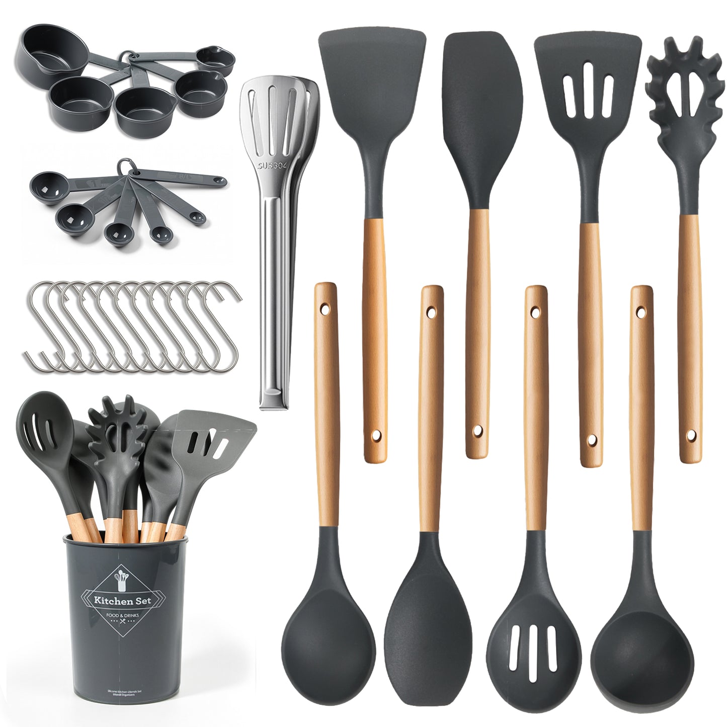 77L Kitchen Cooking Utensils Set, 32 PCS Non-Stick Silicone Cooking Kitchen Utensils Spatula Set with Holder, Turner, Tongs, Spatula, Spoon, Wooden Handle Kitchen Gadgets Utensil Set, Dishwasher Safe