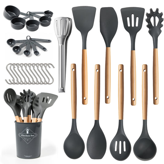 77L Kitchen Cooking Utensils Set, 32 PCS Non-Stick Silicone Cooking Kitchen Utensils Spatula Set with Holder, Turner, Tongs, Spatula, Spoon, Wooden Handle Kitchen Gadgets Utensil Set, Dishwasher Safe