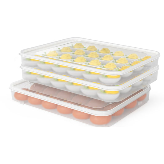77L Deviled Egg Containers with Lid, (Set of 3), Plastic Egg Holder for Refrigerator for 72 Eggs, Clear Storage Deviled Egg Carrier Tray, Fridge Stackable Countertop Portable Egg Platter