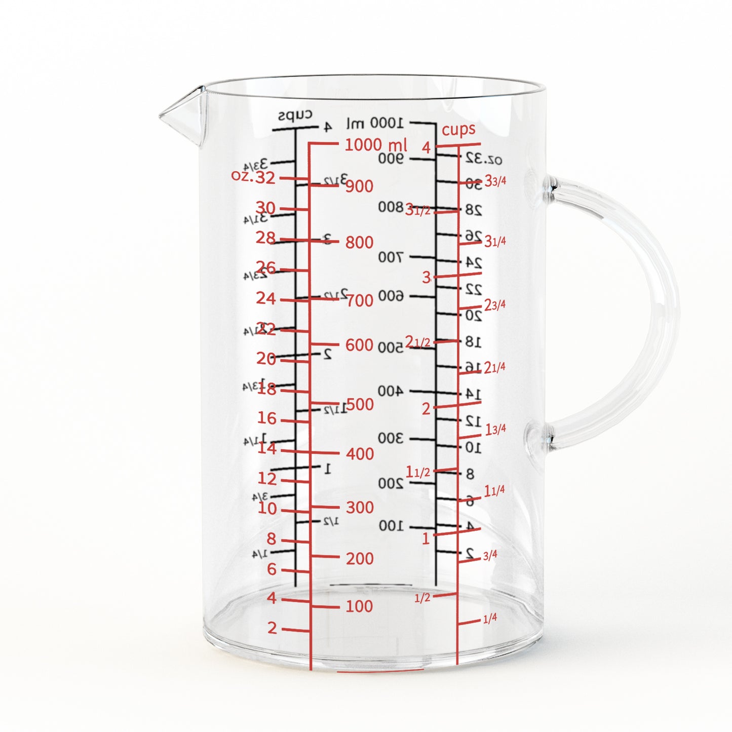 77L Glass Measuring Cup, [Double-Sided Measuring Scale, Insulated handle, V-Shaped Spout], High Borosilicate Glass Measuring Cup for Kitchen or Restaurant, Easy To Read, 1000 ML (1 Liter, 4 Cup)