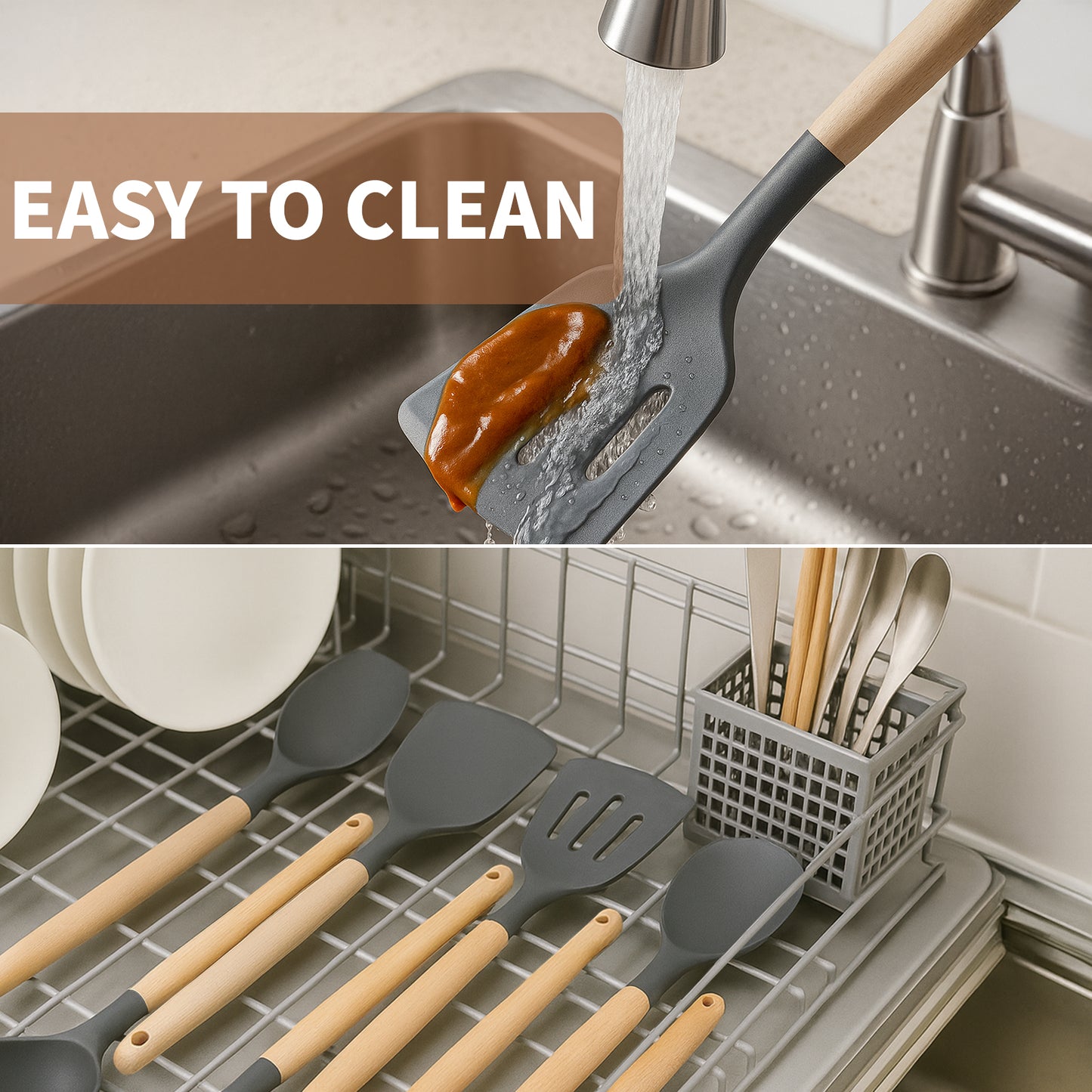 77L Kitchen Cooking Utensils Set, 32 PCS Non-Stick Silicone Cooking Kitchen Utensils Spatula Set with Holder, Turner, Tongs, Spatula, Spoon, Wooden Handle Kitchen Gadgets Utensil Set, Dishwasher Safe