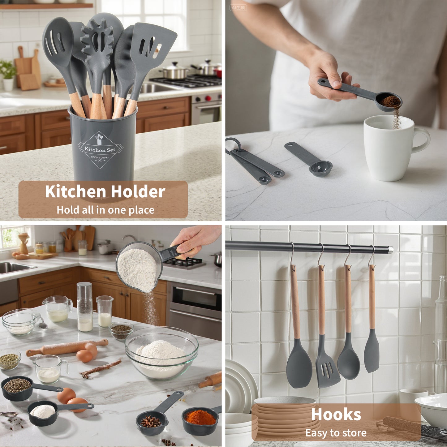 77L Kitchen Cooking Utensils Set, 32 PCS Non-Stick Silicone Cooking Kitchen Utensils Spatula Set with Holder, Turner, Tongs, Spatula, Spoon, Wooden Handle Kitchen Gadgets Utensil Set, Dishwasher Safe
