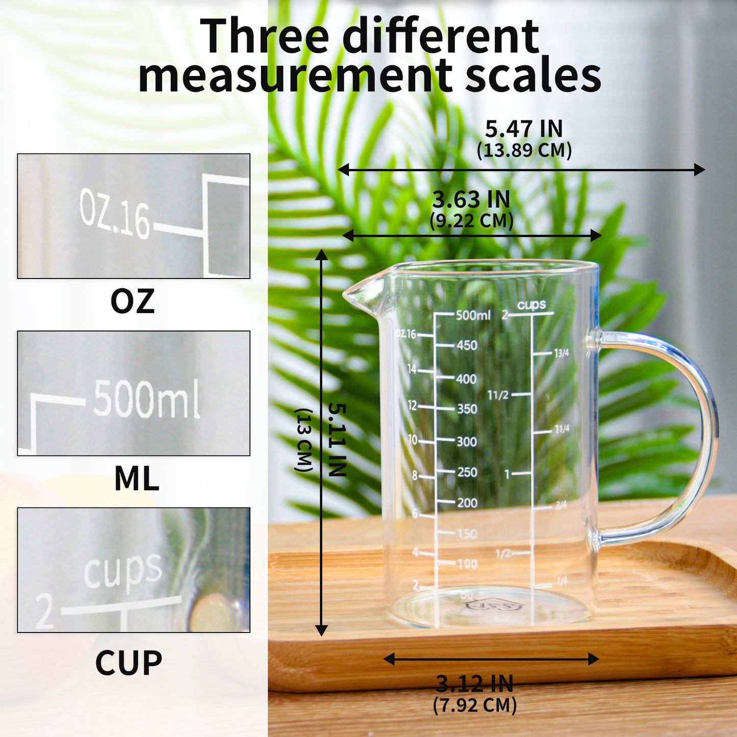 77L Glass Measuring Cup, [Insulated handle, V-Shaped Spout], High Borosilicate Glass Measuring Cup for Kitchen or Restaurant, Easy To Read, 500 ML (0.5 Liter, 2 Cup)
