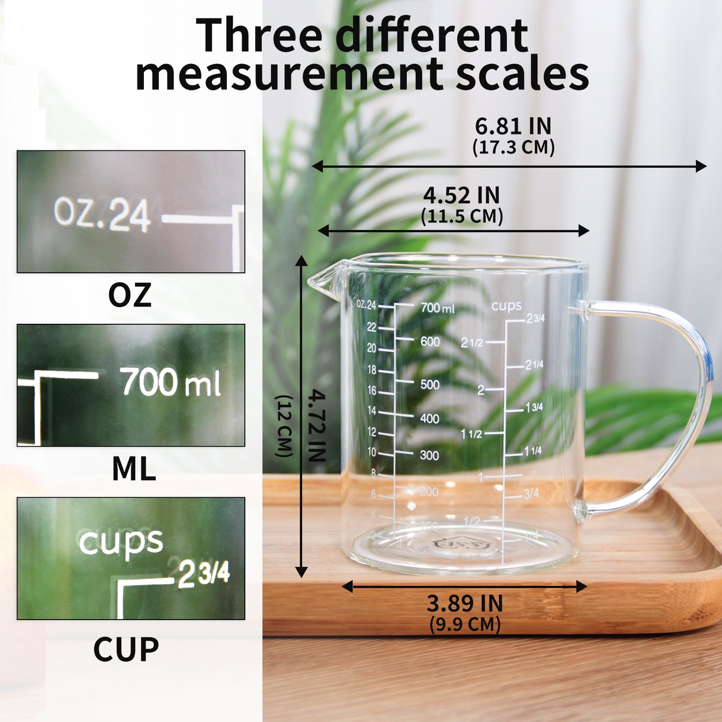 77L Glass Measuring Cup, Clear Liquid Measuring Cup with V-Shaped Spout and Three Scales, High Borosilicate Glass Beaker with Handle for Kitchen or Restaurant, 700 ML (0.7 Liter, 2 3/4 Cup)