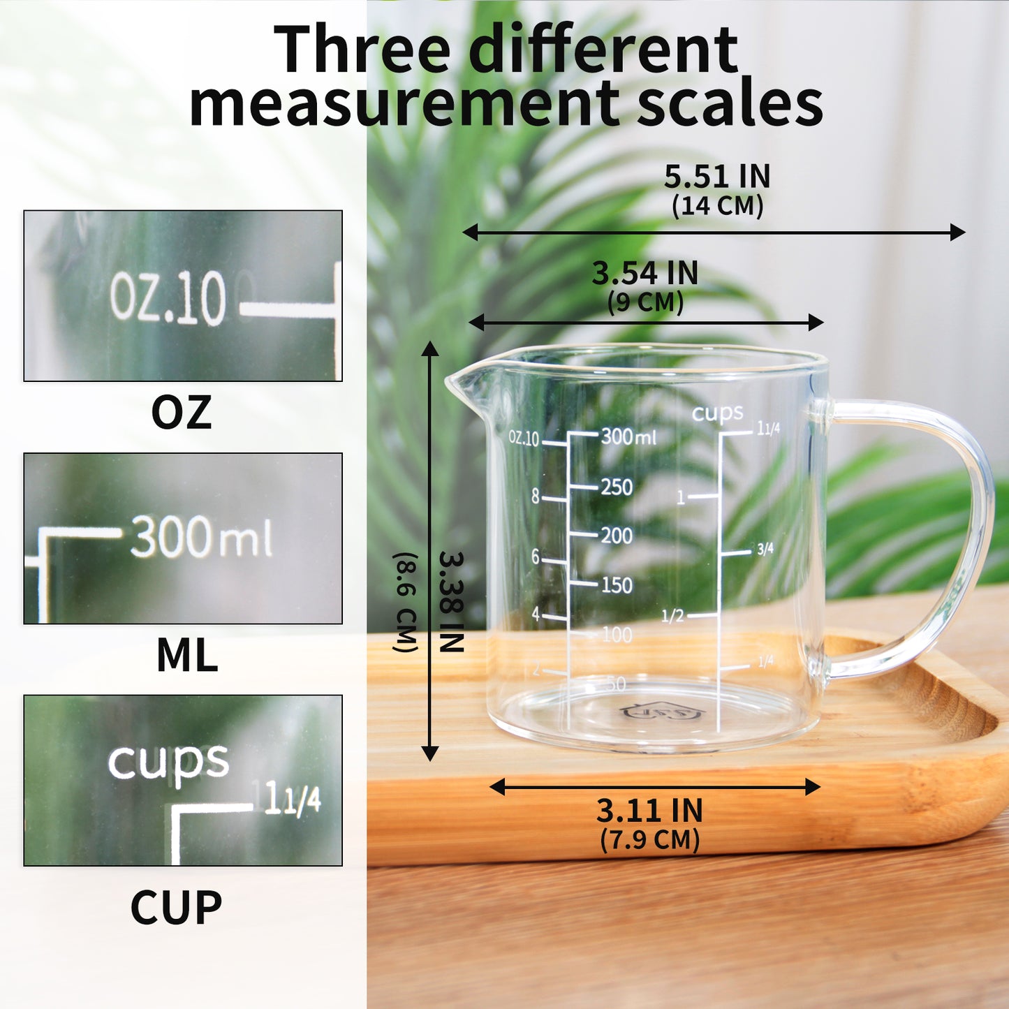 77L Glass Measuring Cup, Clear Liquid Measuring Cup with V-Shaped Spout and Three Scales, High Borosilicate Glass Beaker with Handle for Kitchen or Restaurant, 300 ML (0.3 Liter, 1 1/4 Cup)