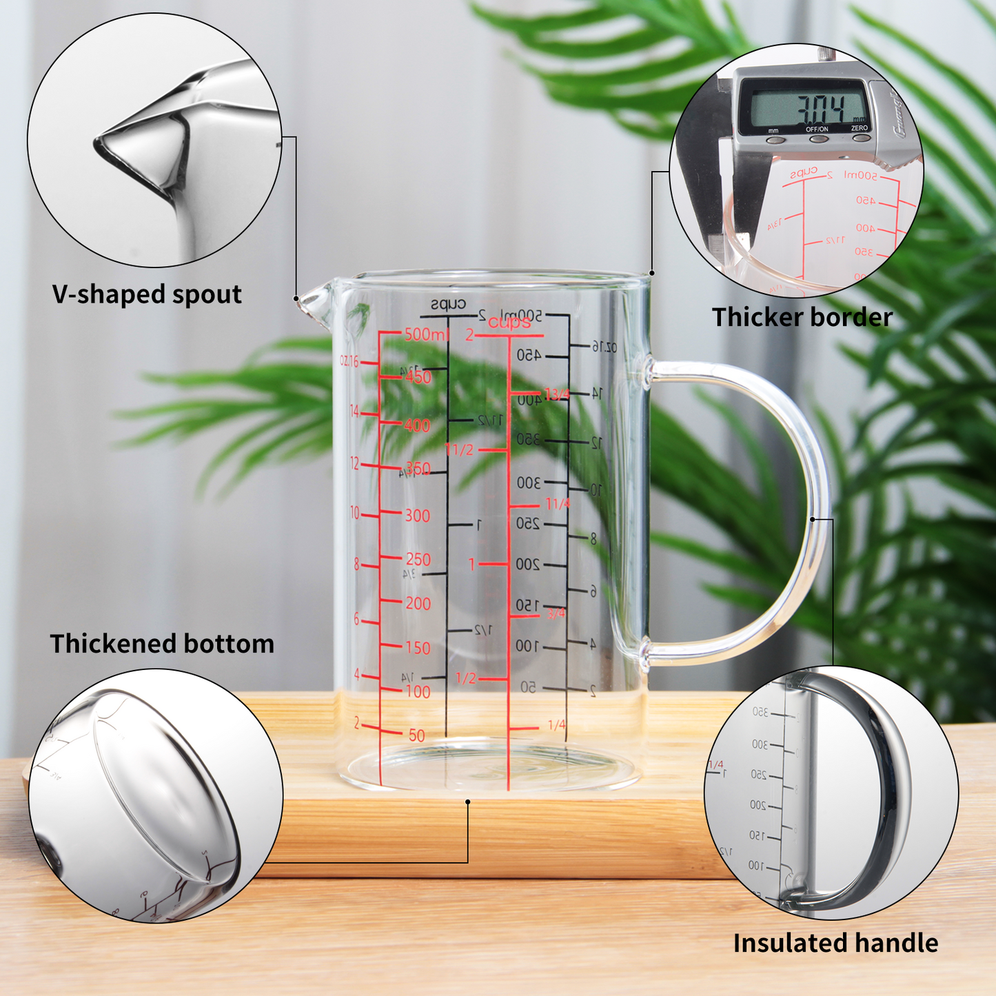 77L Glass Measuring Cup, [Double-Sided Measuring Scale, Insulated handle, V-Shaped Spout], High Borosilicate Glass Measuring Cup for Kitchen or Restaurant, Easy To Read, 500 ML (0.5 Liter, 2 Cup)