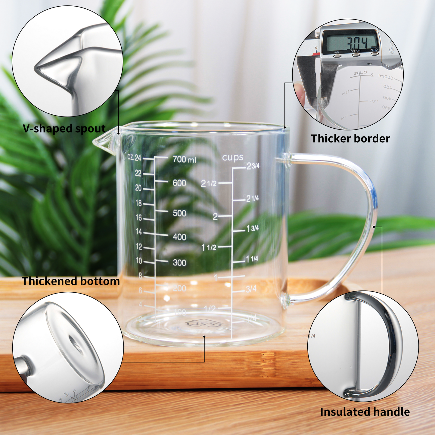 77L Glass Measuring Cup, Clear Liquid Measuring Cup with V-Shaped Spout and Three Scales, High Borosilicate Glass Beaker with Handle for Kitchen or Restaurant, 700 ML (0.7 Liter, 2 3/4 Cup)