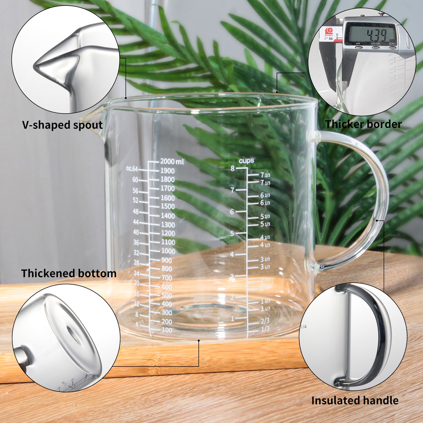 77L Glass Measuring Cup, [Insulated handle, V-Shaped Spout], High Borosilicate Glass Measuring Cup for Kitchen or Restaurant, Easy To Read, 2000 ML (2 Liter, 8 Cup)